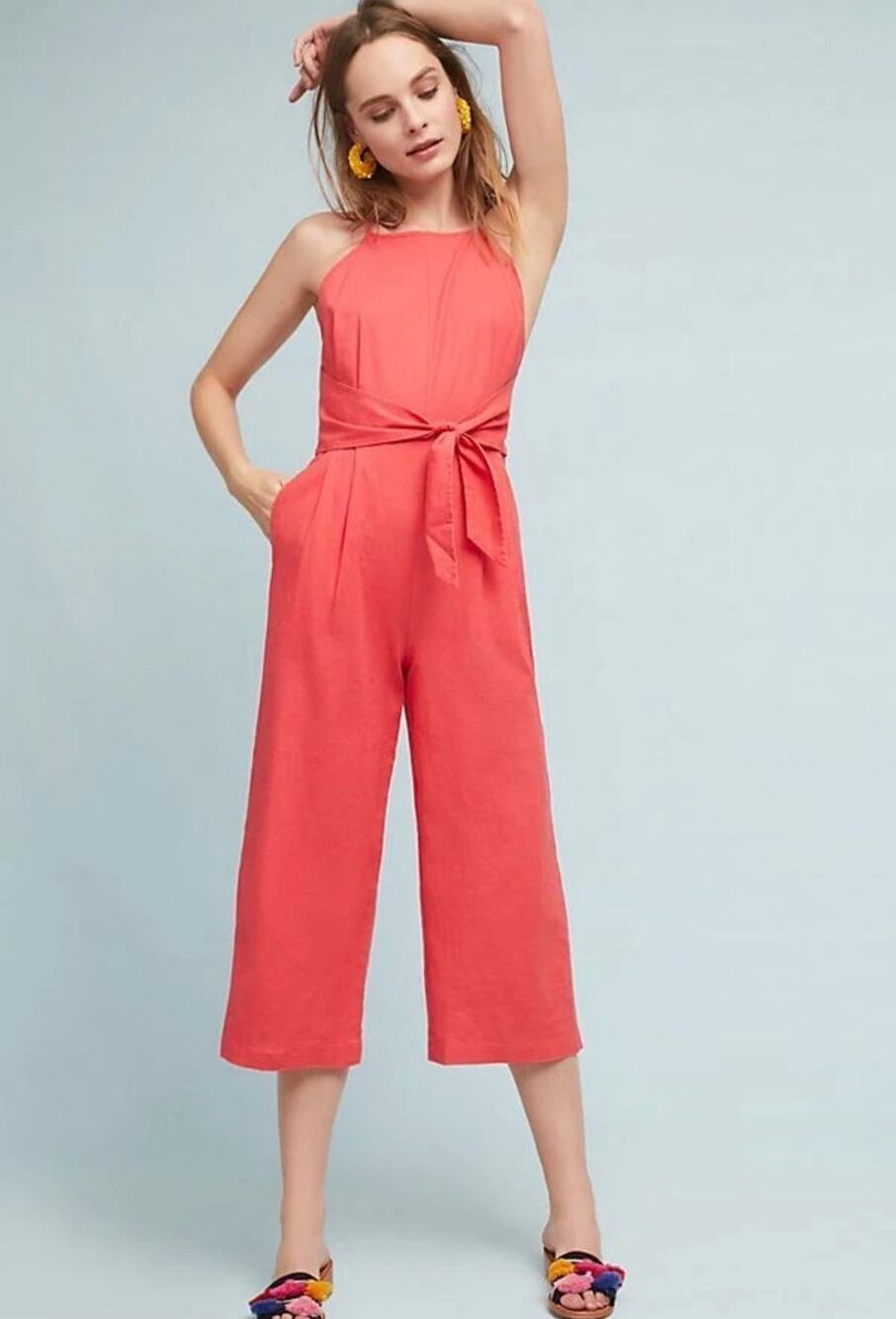 Anthropologie Greylin Orange Linen Toe Front Crop Jumpsuit Size XS Petite
